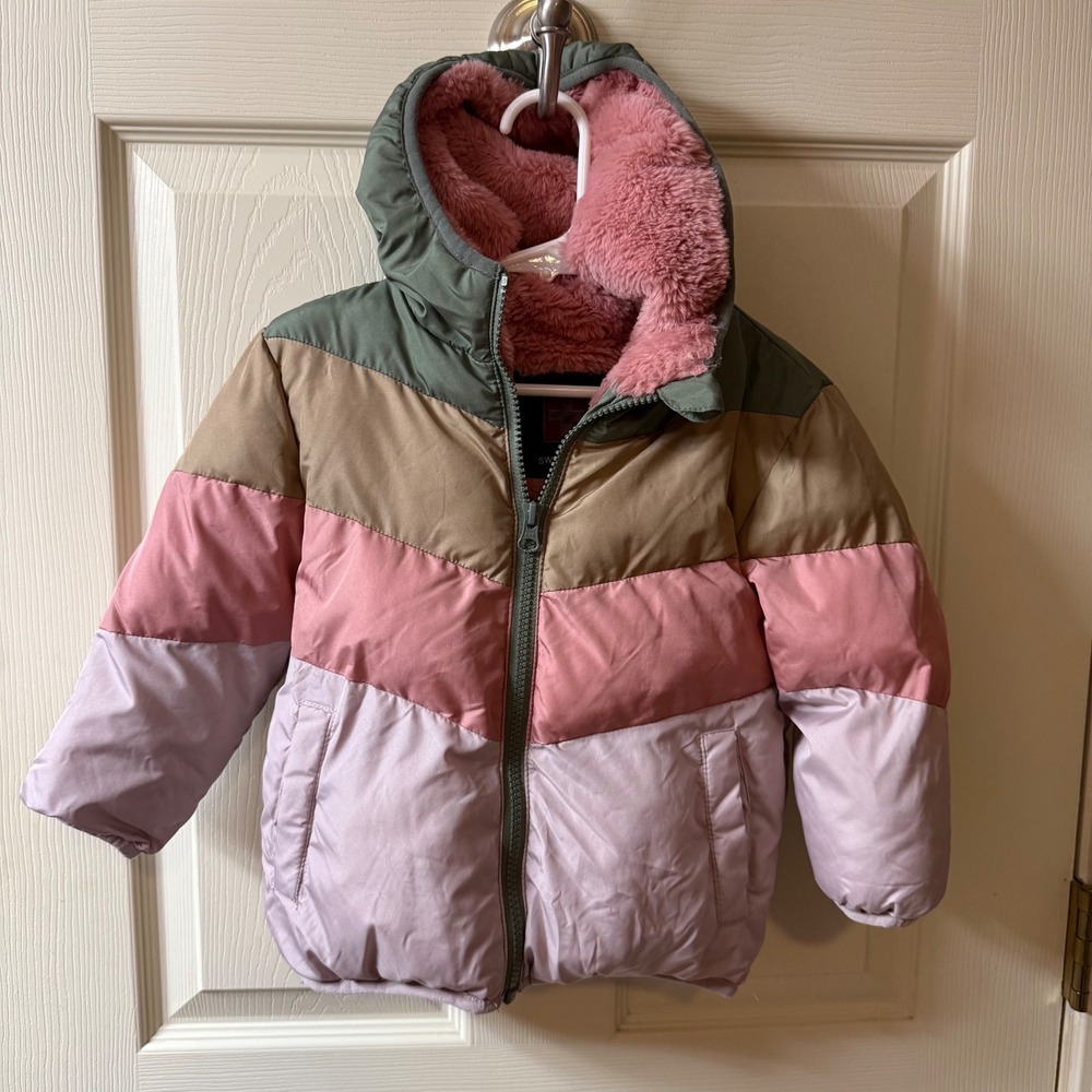Swiss Tech 2t girls‎ puffer coat sherpa lining green &pink color block